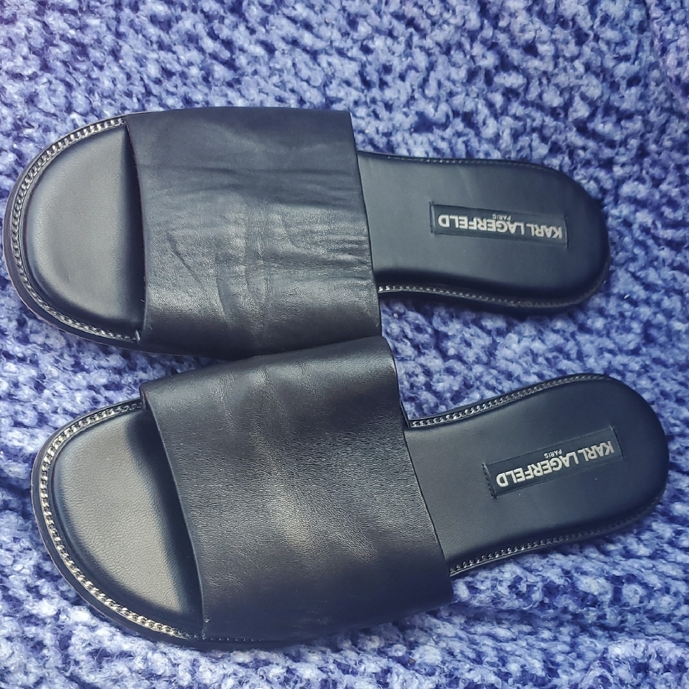 Karl Lagerfeld Elegant Black Slides Upper Leather Size 8.5